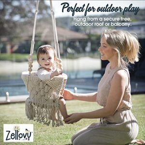 ZELLOVY Organic Macrame Baby Swing Chair with Cushion & Portable Canvas Backpack | Boho Baby Swing Outdoor Indoor Infants & Toddler | Hanging Rope Baby Gift Swing | Handmade Crochet Baby Hammock Swing