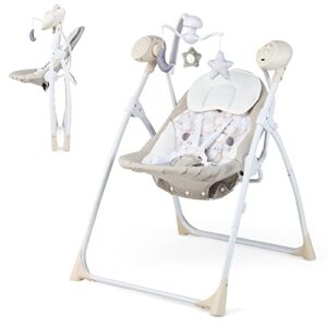 baby joy baby swings for infants, portable rocker w/ 5 swing speeds, 3-position adjustable backrest, 3 timer settings, 12 melodies and 5 natural sounds, compact swing chair for toddlers (beige)