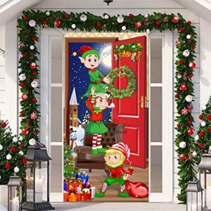 christmas door cover, funny elves door backdrop fabric santa backdrop christmas background banner xmas door hanging covers photo booth props for christmas party decorations, 70.9 x 35.4 inch