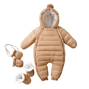 bebone newborn baby hooded winter puffer snowsuit with shoes and gloves (9-12 months, brown-1)