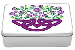 ambesonne thistle tin box, celtic knot and thistle plant in basket form with flowers, portable rectangle metal organizer storage box with lid, 7.2″ x 4.7″ x 2.2″, shamrock green violet and purple