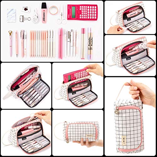 Pencil Case Big Capacity Multi-Slot Pen Bag Pouch Holder Pen Bag Gift for Office School Supplier Teen Girl Boy Men Women Adult (Plaid White)