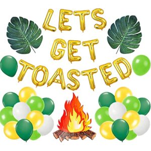 let’s get toasted balloons banner, camping themed birthday baby shower bachelorette decorations, happy camper wild in the woods weekend in the woods cabin glamping mountain lake hiking woodland campfire adventure welcome to campsite party decorations