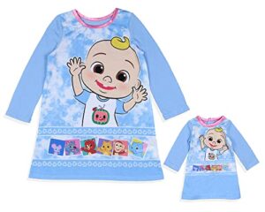 komar kids cocomelon toddler girls jj character nightgown with matching doll gown, 3t baby blue