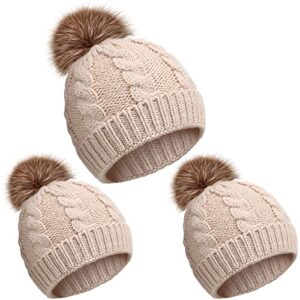 3 pcs parent child hat knitted baby beanie mother daughter hat warm knit hat pom pom parent baby beanie hats for winter (beige)