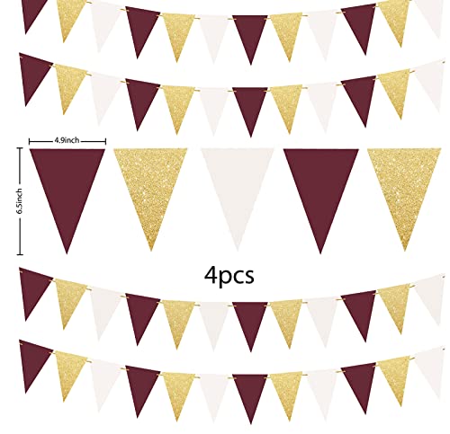 Maroon Gold Graduation Party Decorations 2023/Burgundy Gold Graduation Decorations/Maroon Grad/Birthday Party Decorations for Women White Burgundy Gold/4pcs Triangle Bunting Banners