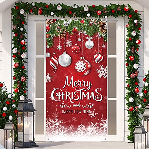 Christmas Door Cover Merry Christmas Background Banner Xmas Fabric Door Banner Photography Hanging Cover Photo Booth Props Decorations for House Door, 70.9 x 35.4 Inch (Snowflake)