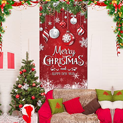 Christmas Door Cover Merry Christmas Background Banner Xmas Fabric Door Banner Photography Hanging Cover Photo Booth Props Decorations for House Door, 70.9 x 35.4 Inch (Snowflake)