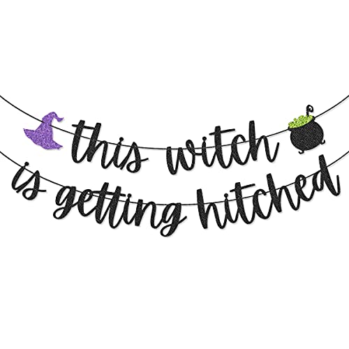 This Witch is Getting Hitched Banner for Halloween Bachelorette Party Fall Bach Party Decorations (Black)