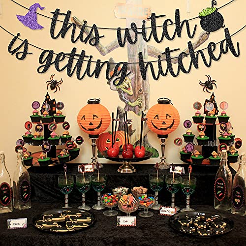 This Witch is Getting Hitched Banner for Halloween Bachelorette Party Fall Bach Party Decorations (Black)