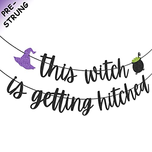 This Witch is Getting Hitched Banner for Halloween Bachelorette Party Fall Bach Party Decorations (Black)