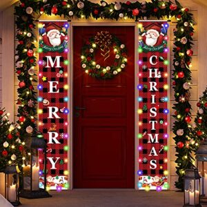 christmas decorations outdoor reversible porch banner sign with string lights, merry christmas hanging banners for front door indoor home yard garden holiday party decoration