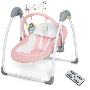 infans baby swing for infants, compact portable baby electric rocker for newborn with 5 speed natural sway music timing 2 toys remote control, easy fold, 0-6 months boy girl (pink)