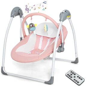 INFANS Baby Swing for Infants, Compact Portable Baby Electric Rocker for Newborn with 5 Speed Natural Sway Music Timing 2 Toys Remote Control, Easy Fold, 0-6 Months Boy Girl (Pink)