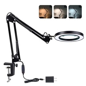magnifying glass with light and stand, 3 color modes stepless dimmable, 5-diopter glass lens, adjustable swivel arm, led magnifier desk lamp for close work, repair, crafts, reading – long