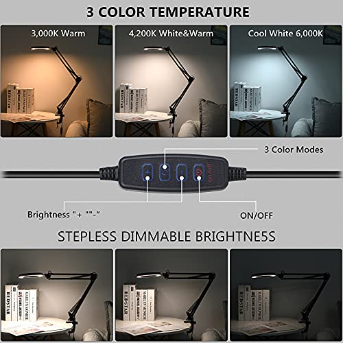 Magnifying Glass with Light and Stand, 3 Color Modes Stepless Dimmable, 5-Diopter Glass Lens, Adjustable Swivel Arm, LED Magnifier Desk Lamp for Close Work, Repair, Crafts, Reading - Long