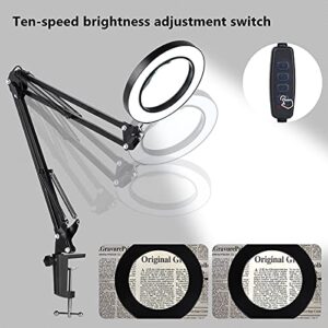 Magnifying Glass with Light and Stand, 3 Color Modes Stepless Dimmable, 5-Diopter Glass Lens, Adjustable Swivel Arm, LED Magnifier Desk Lamp for Close Work, Repair, Crafts, Reading - Long