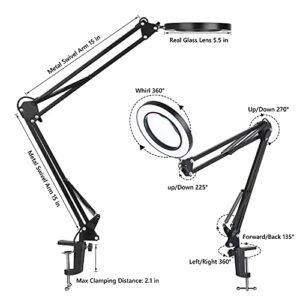 Magnifying Glass with Light and Stand, 3 Color Modes Stepless Dimmable, 5-Diopter Glass Lens, Adjustable Swivel Arm, LED Magnifier Desk Lamp for Close Work, Repair, Crafts, Reading - Long