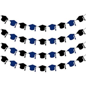 Felt, Blue and Black Cap Graduation Garland - 4 Strings, No DIY | Graduation Banner, Blue and Black Graduation Decorations 2023 | Black Graduation Party Decorations 2023 | Graduation Cap Decorations