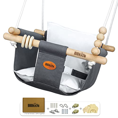 BBkids Indoor Baby Swing, Canvas Baby Swing, Wooden Hammock Hanging Swing Seat Chair with Safety Belt, Outdoor Kids Toddler Baby Tree Swing, Full Set of Ceiling Screws. (Grey)
