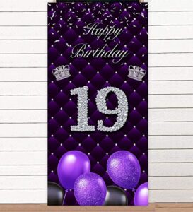 happy 19th birthday purple banner backdrop photo booth props balloons silver crown theme decor for woman nineteen year anniversary 19 years old birthday party favors supplies decorations
