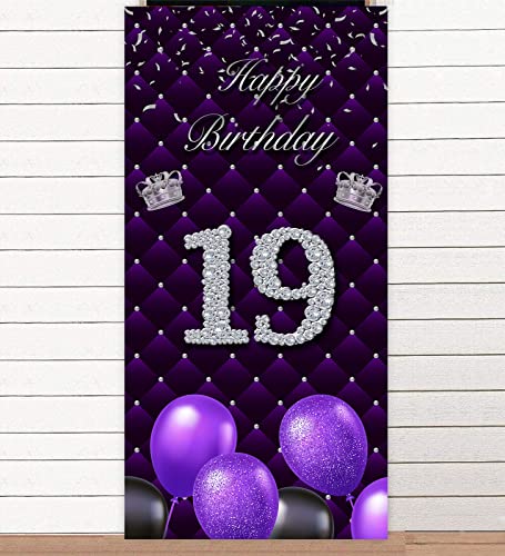 Happy 19th Birthday Purple Banner Backdrop Photo Booth Props Balloons Silver Crown Theme Decor for Woman Nineteen Year Anniversary 19 years Old Birthday Party Favors Supplies Decorations