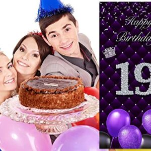 Happy 19th Birthday Purple Banner Backdrop Photo Booth Props Balloons Silver Crown Theme Decor for Woman Nineteen Year Anniversary 19 years Old Birthday Party Favors Supplies Decorations