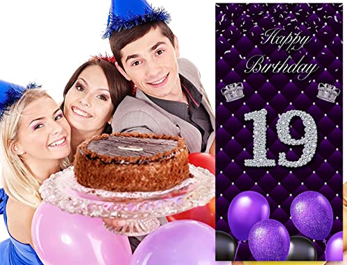 Happy 19th Birthday Purple Banner Backdrop Photo Booth Props Balloons Silver Crown Theme Decor for Woman Nineteen Year Anniversary 19 years Old Birthday Party Favors Supplies Decorations