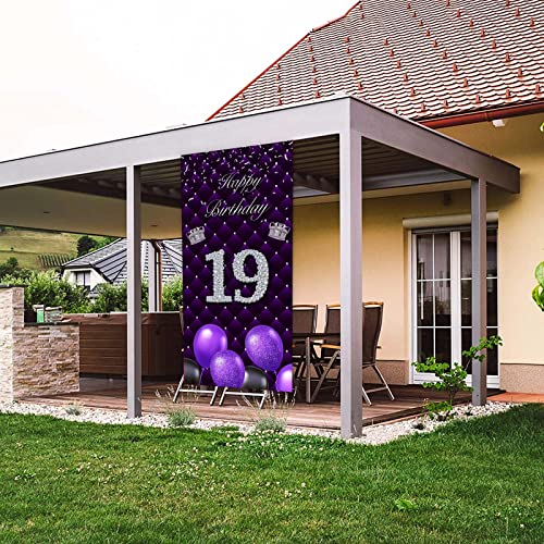 Happy 19th Birthday Purple Banner Backdrop Photo Booth Props Balloons Silver Crown Theme Decor for Woman Nineteen Year Anniversary 19 years Old Birthday Party Favors Supplies Decorations