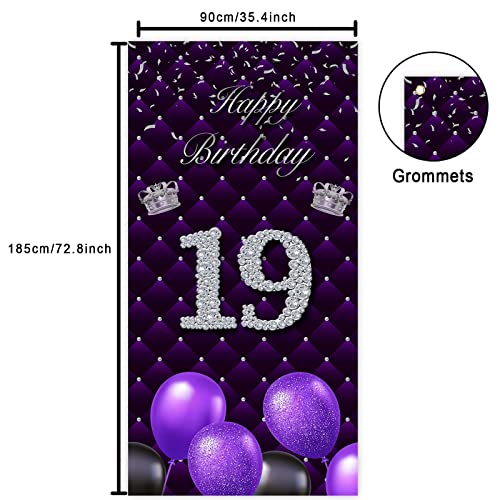 Happy 19th Birthday Purple Banner Backdrop Photo Booth Props Balloons Silver Crown Theme Decor for Woman Nineteen Year Anniversary 19 years Old Birthday Party Favors Supplies Decorations