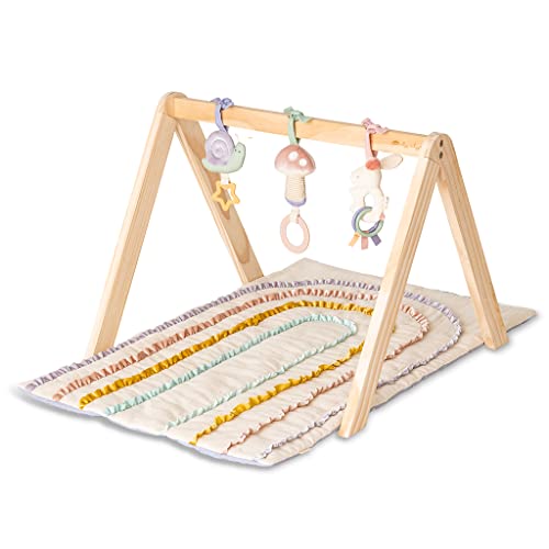 Itzy Ritzy Activity Gym – Premium Wooden Baby Gym Includes Quilted Play Mat and 3 Removable Toys; Pastel Rainbow