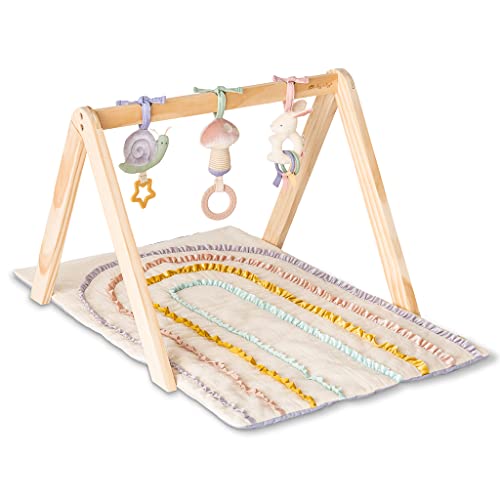 Itzy Ritzy Activity Gym – Premium Wooden Baby Gym Includes Quilted Play Mat and 3 Removable Toys; Pastel Rainbow