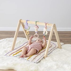 Itzy Ritzy Activity Gym – Premium Wooden Baby Gym Includes Quilted Play Mat and 3 Removable Toys; Pastel Rainbow