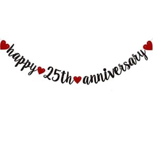 happy 25th anniversary banner, pre-strung,black glitter paper garlands for 25th wedding anniversary party decorations supplies, no assembly required,(black)sunbetterland