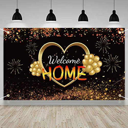 Lnlofen Welcome Home Banner Sign Decorations, Large Welcome Home Backdrop Supplies, Black Gold Homecoming Poster Photo Props for Home Decoration Family Party Decor(6X3.6ft)