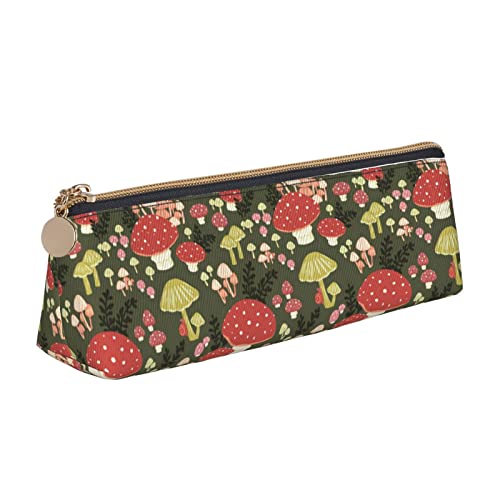 Ykklima Mushrooms Pattern Leather Pencil Case Zipper Pen Makeup Cosmetic Holder Pouch Stationery Bag for School, Work, Office