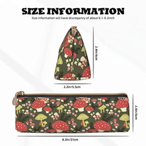 Ykklima Mushrooms Pattern Leather Pencil Case Zipper Pen Makeup Cosmetic Holder Pouch Stationery Bag for School, Work, Office