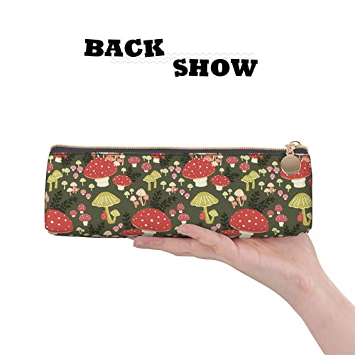 Ykklima Mushrooms Pattern Leather Pencil Case Zipper Pen Makeup Cosmetic Holder Pouch Stationery Bag for School, Work, Office