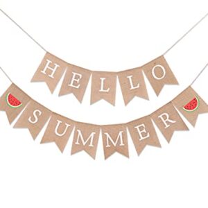 Hello Summer Burlap Banner - Watermelon Party Decoration (Summer MA BU)