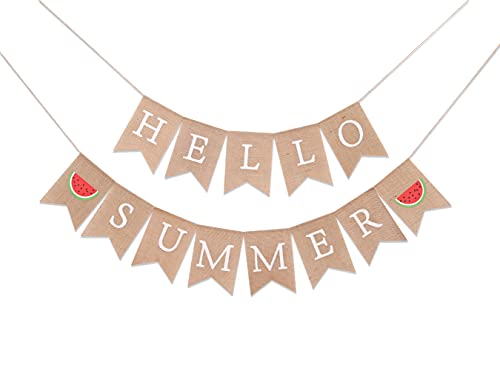 Hello Summer Burlap Banner - Watermelon Party Decoration (Summer MA BU)