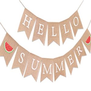 Hello Summer Burlap Banner - Watermelon Party Decoration (Summer MA BU)