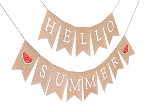 Hello Summer Burlap Banner - Watermelon Party Decoration (Summer MA BU)