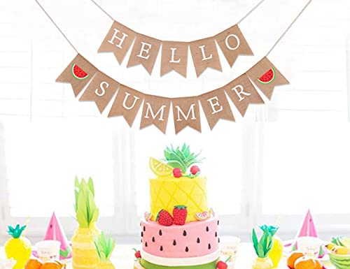 Hello Summer Burlap Banner - Watermelon Party Decoration (Summer MA BU)