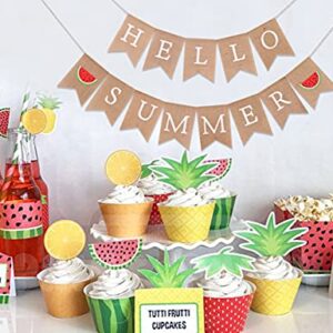 Hello Summer Burlap Banner - Watermelon Party Decoration (Summer MA BU)