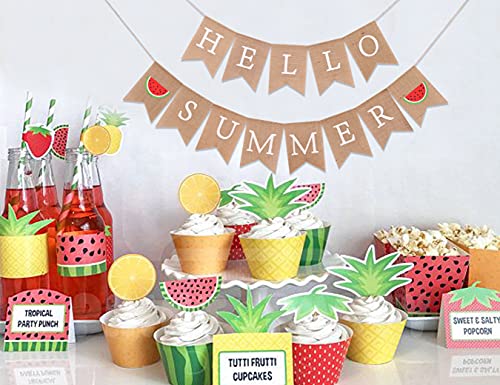 Hello Summer Burlap Banner - Watermelon Party Decoration (Summer MA BU)