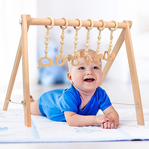 NUNGT Wooden Baby Gym with 6 Hanging Wooden Baby Toys Foldable Wooden Baby Play Gym Activity Gym Baby Play Hanging bar Frame Activity Gym