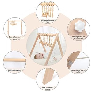 NUNGT Wooden Baby Gym with 6 Hanging Wooden Baby Toys Foldable Wooden Baby Play Gym Activity Gym Baby Play Hanging bar Frame Activity Gym