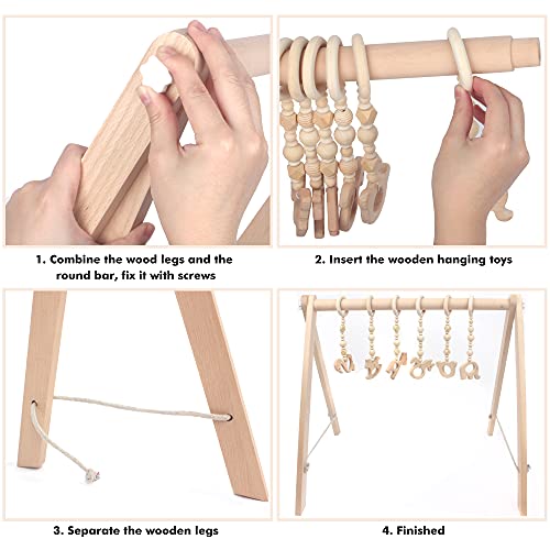 NUNGT Wooden Baby Gym with 6 Hanging Wooden Baby Toys Foldable Wooden Baby Play Gym Activity Gym Baby Play Hanging bar Frame Activity Gym