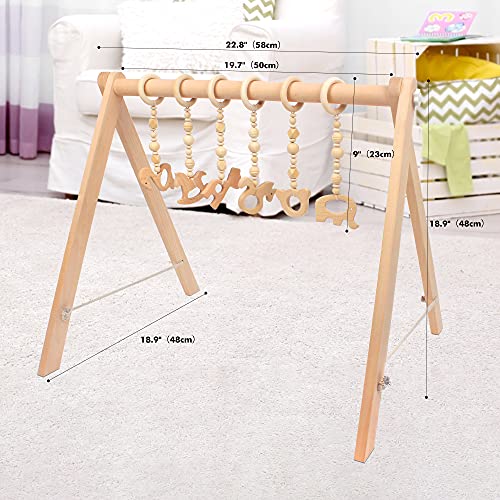 NUNGT Wooden Baby Gym with 6 Hanging Wooden Baby Toys Foldable Wooden Baby Play Gym Activity Gym Baby Play Hanging bar Frame Activity Gym