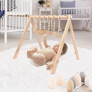 NUNGT Wooden Baby Gym with 6 Hanging Wooden Baby Toys Foldable Wooden Baby Play Gym Activity Gym Baby Play Hanging bar Frame Activity Gym